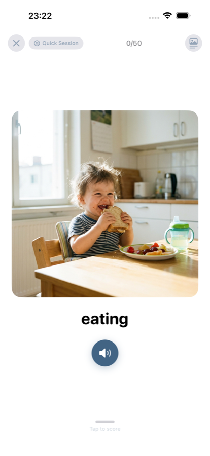 A SpeechDeck flashcard showing a real photograph of a child eating, the word 'eating', and a tap-to-play audio button.