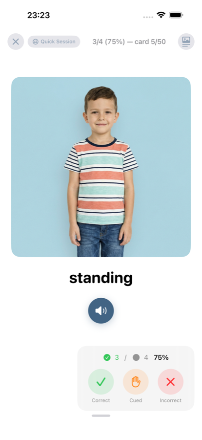 A SpeechDeck card showing the verb 'standing' with a live session tally and Correct, Cued, and Incorrect scoring buttons.