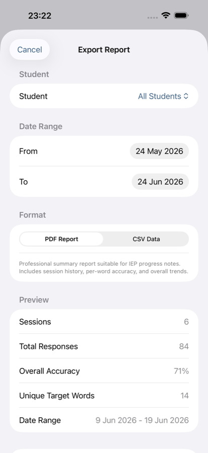 SpeechDeck's Export Report screen: choose a student and date range, pick PDF or CSV, and preview a summary with sessions, total responses, overall accuracy, and target words — suitable for IEP progress notes.