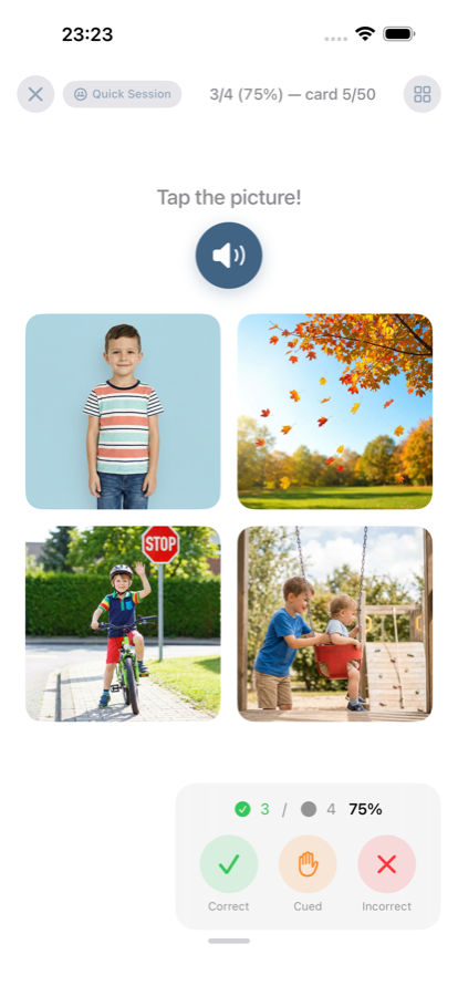SpeechDeck identification mode: a four-up grid where the child taps the one that matches the spoken word.